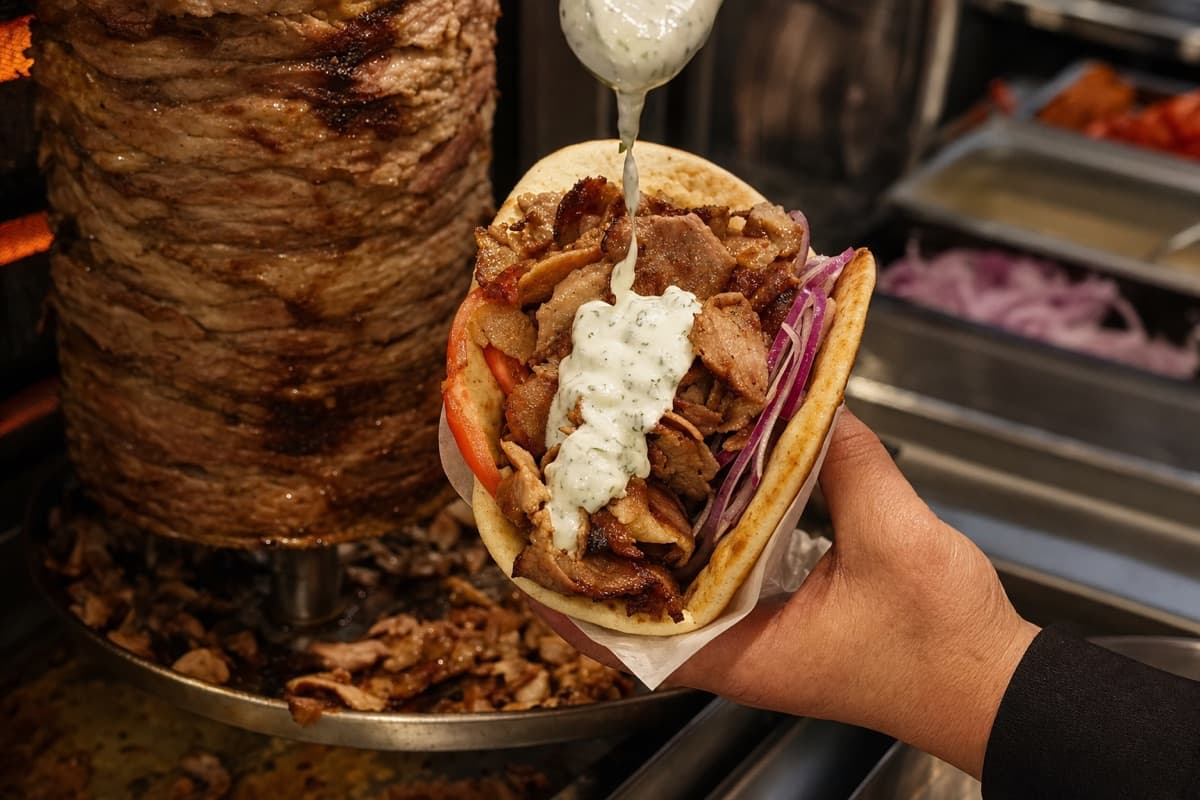 Freshly carved Turkish doner gyro wrap with pita, tzatziki, and fresh vegetables at a Toronto rotisserie restaurant