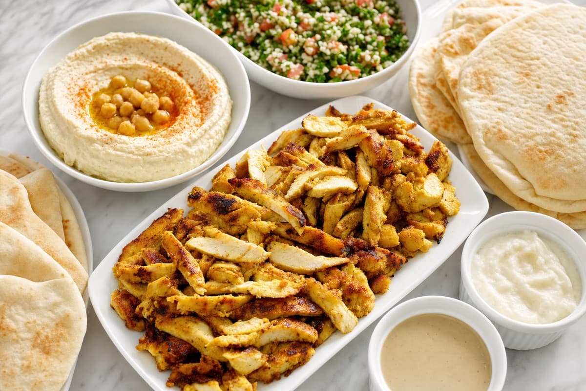 Nut-free catering in Toronto: chicken shawarma platter with hummus, tabbouleh, pita and sauces