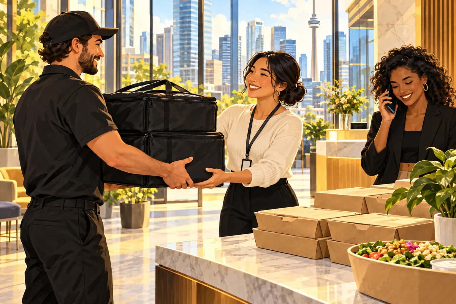 Editorial illustration of a catering courier handing insulated carriers to an office coordinator in a downtown Toronto lobby