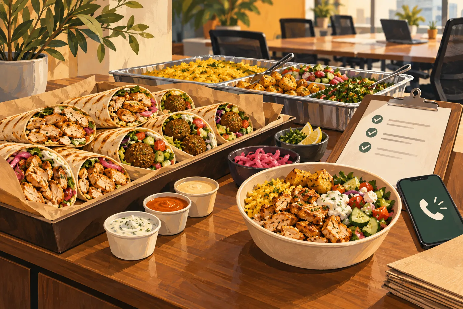 Editorial illustration of shared shawarma wraps, an individual bowl and buffet trays beside a delivery checklist